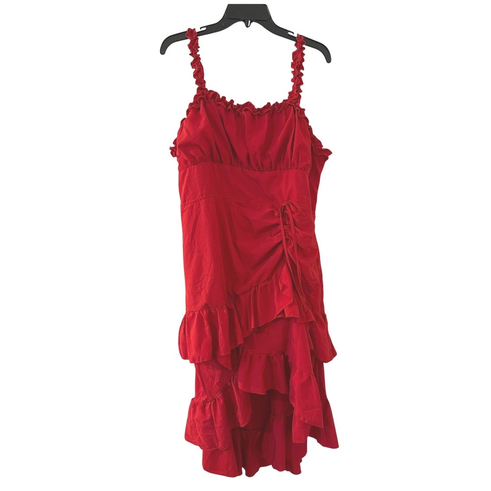 Red Ruffled Tiered Midi Dress Smocked Back Side Tie 2XL Womens Summer Sleeveless